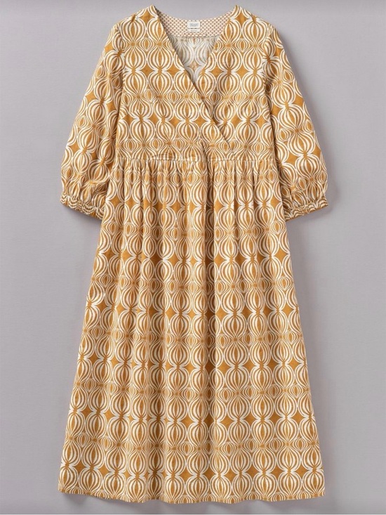 Toast Dresses & Skirts - Toast UK Cross Front Yellow Seed Pod Block Print Midi Dress Size Small Cotton